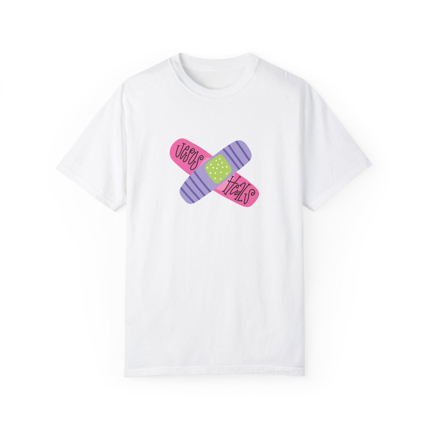 Garment-Dyed T-Shirt - "Jesus Heals" Bandage Design - Fun Graphic Tee for Health Enthusiasts