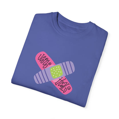 Garment-Dyed T-Shirt - "Jesus Heals" Bandage Design - Fun Graphic Tee for Health Enthusiasts