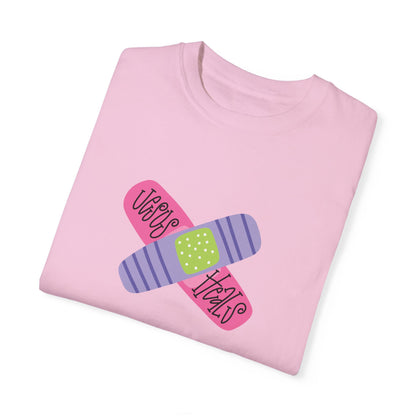 Garment-Dyed T-Shirt - "Jesus Heals" Bandage Design - Fun Graphic Tee for Health Enthusiasts