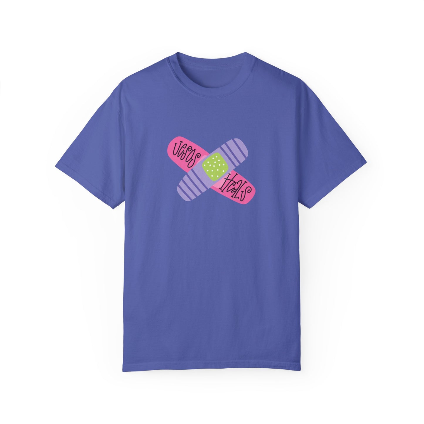 Garment-Dyed T-Shirt - "Jesus Heals" Bandage Design - Fun Graphic Tee for Health Enthusiasts