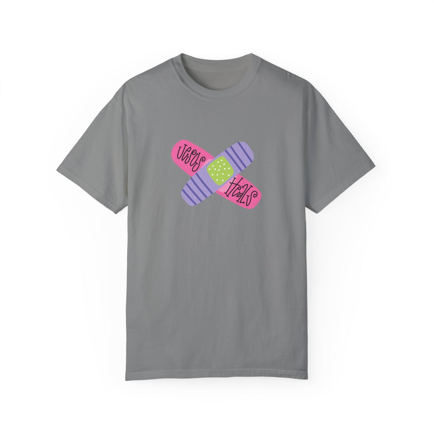 Garment-Dyed T-Shirt - "Jesus Heals" Bandage Design - Fun Graphic Tee for Health Enthusiasts