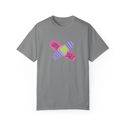 Garment-Dyed T-Shirt - "Jesus Heals" Bandage Design - Fun Graphic Tee for Health Enthusiasts