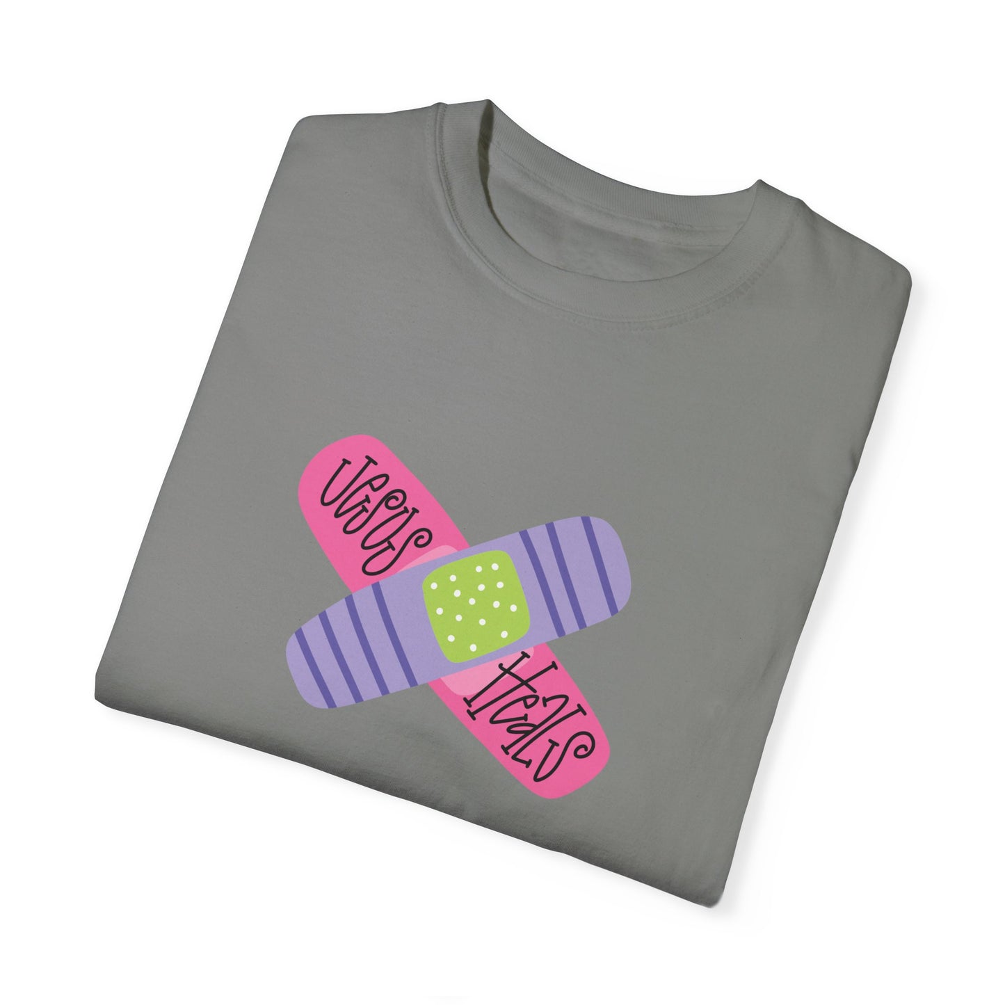 Garment-Dyed T-Shirt - "Jesus Heals" Bandage Design - Fun Graphic Tee for Health Enthusiasts