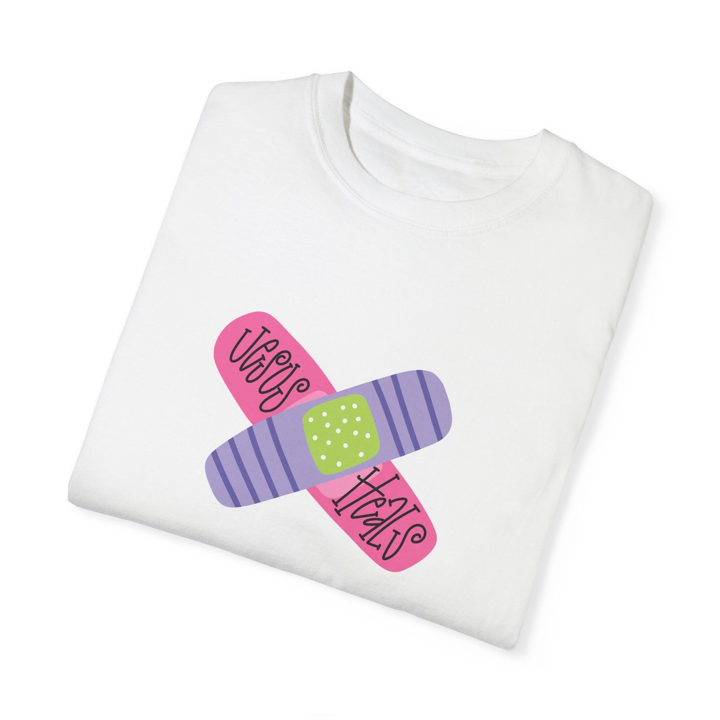 Garment-Dyed T-Shirt - "Jesus Heals" Bandage Design - Fun Graphic Tee for Health Enthusiasts