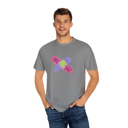 Garment-Dyed T-Shirt - "Jesus Heals" Bandage Design - Fun Graphic Tee for Health Enthusiasts